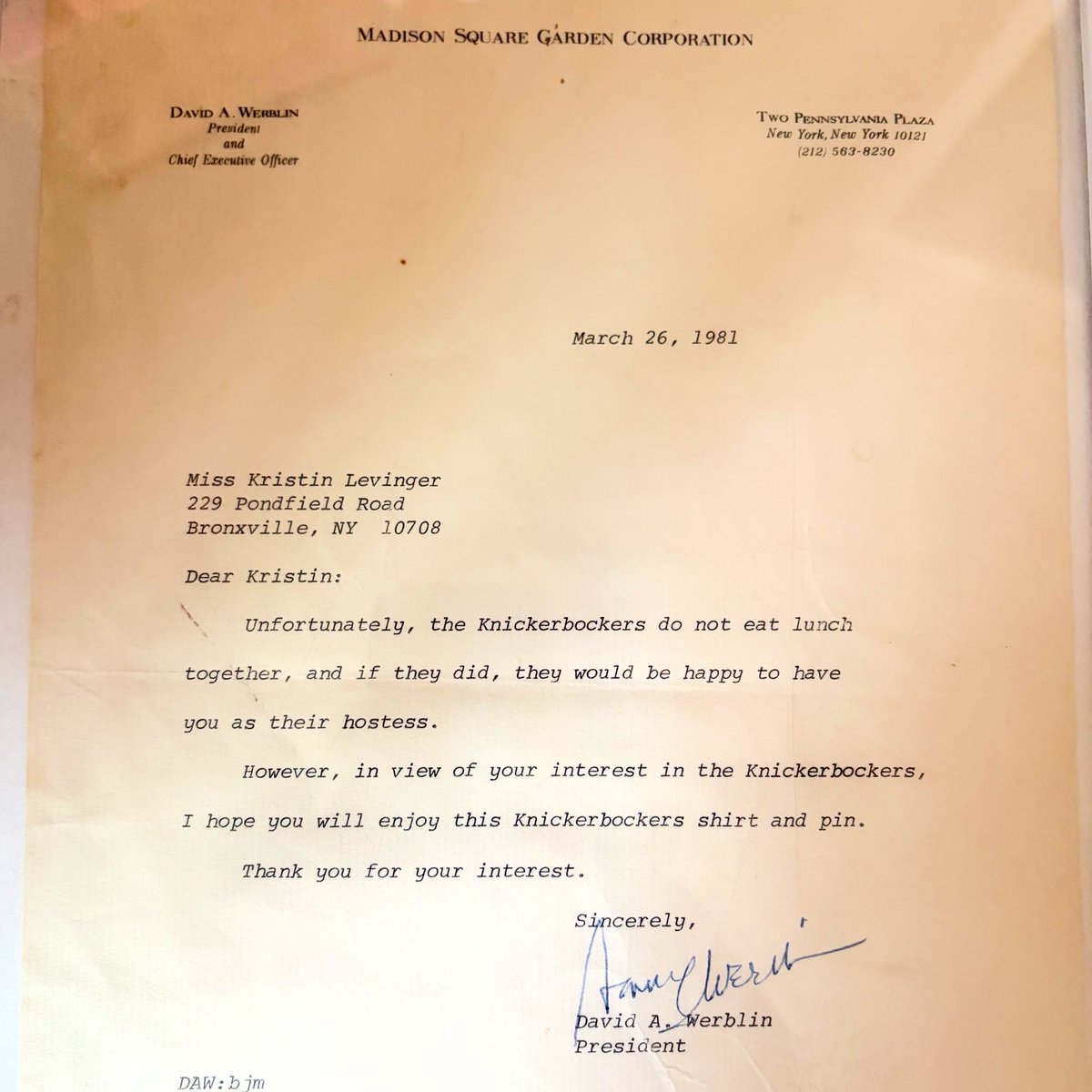 cornerrihaunt's tweet photo. my family knicks lore is that when my mom was 11 she wrote to the knicks asking them to go to lunch with her and they sent this back https://t.co/CwvjInf4aO