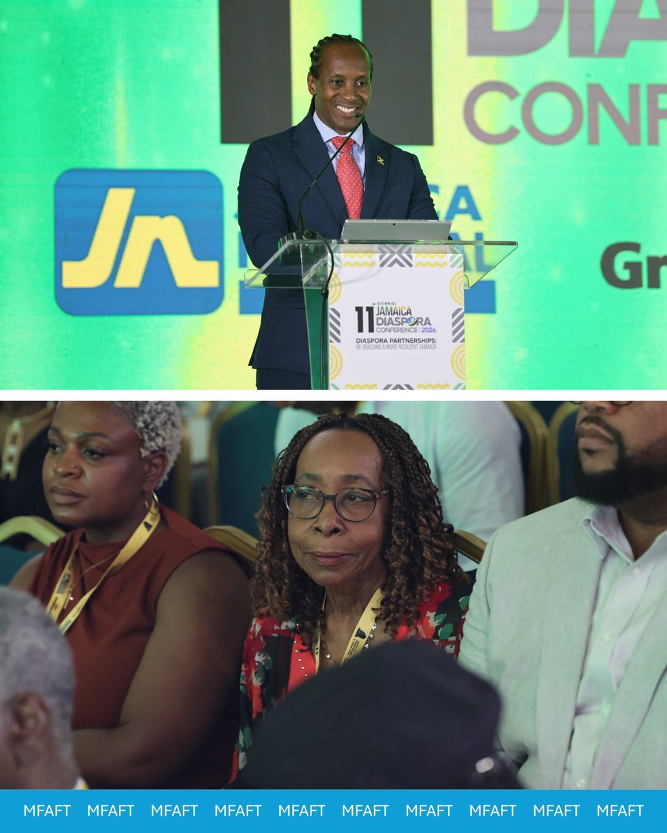 mfaftja's tweet photo. State Minister in the Ministry of Foreign Affairs and Foreign Trade,  Honourable @terrelonge2016, joined Foreign Minister, Senator the Honourable @kaminajsmith; Conference Chair and Chief Executive Officer of The Jamaica National Group, Honourable Earl Jarrett; Legacy Partners and other stakeholders in welcoming delegates to the first day of engagement at the 11th Biennial Jamaica Diaspora Conference in Montego Bay, St. James.

1/2