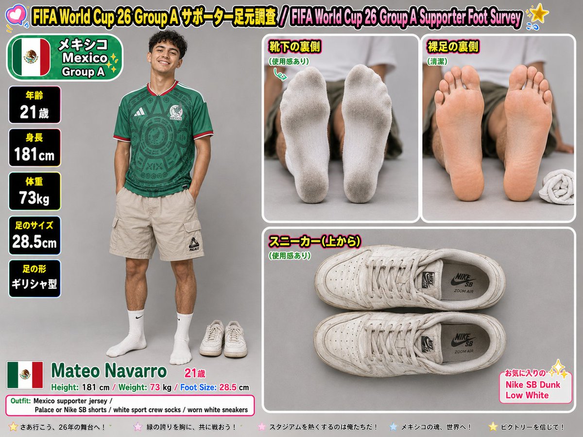 DAZ_daisuke's tweet photo. FIFA World Cup 26 Group A「サポーター足元調査」完成しました🦶👟
▼下のポールで投票してください▼
Group Aの熱いサポーター4名を徹底解剖！

・メキシコ：Mateo Navarro（181cm / 28.5cm）
・韓国：Seo Jun-ho（180cm / 27.5cm）
・チェコ：Jakub Novák（184cm / 29.0cm）
・南アフリカ：Lethabo Mokoena（184cm / 28.5cm）

代表ユニフォームを��た日の
素足・靴下・愛用シューズまで全部見せてもらいました！

どのサポーターの足元が一番好き？

 #FIFAWorldCup26 #GroupA