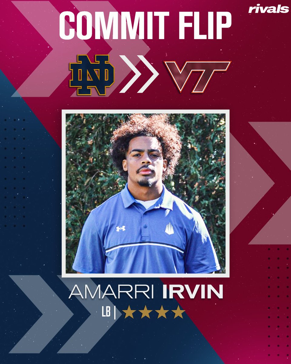 Rivals's tweet photo. 🚨BREAKING🚨 4-star LB Amarri Irvin has flipped his commitment from Notre Dame to Virginia Tech, @Hayesfawcett3 reports🦃

Read: https://t.co/GAG9iNVXxt https://t.co/NQ4Ql3YLcV