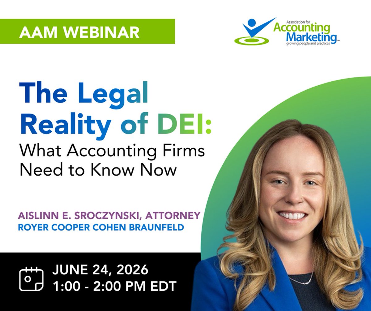 accountingrowth's tweet photo. Confused about the legal side of DEI? Join us June 24, 1-2 PM ET for a session with attorney Aislinn Sroczynski. Get clarity on what’s changed, what hasn’t, and how to keep your firm’s DEI efforts compliant. Register today: https://t.co/amSiaH4gZ9 https://t.co/3eVV0F4C5u