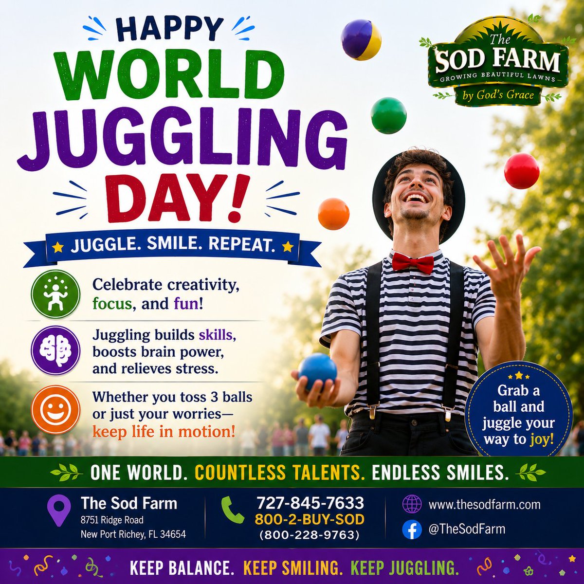 SodFarms's tweet photo. 🤹🌱 Happy World Juggling Day! 🌱🤹

Life can feel like you're juggling a hundred things at once...

Kids. Work. Bills. Yard work. 😅

Let The Sod Farm help with one of them!

🌿 Stop juggling lawn problems and start enjoying a beautiful lawn.

#WorldJugglingDay #TheSodFarm #LawnGoals #KeepItSimple #BeautifulLawns 💚🌞