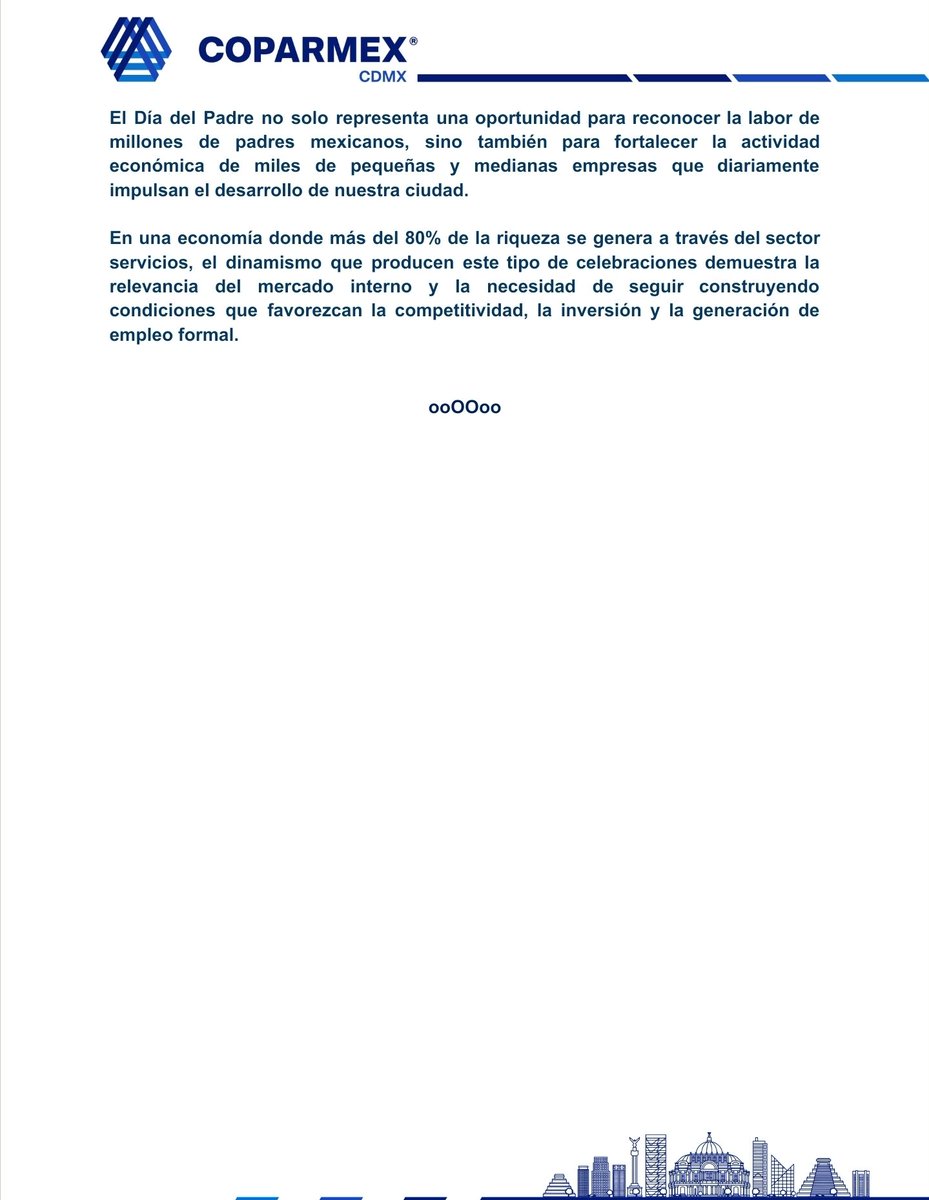 Coparmex_CDMX's tweet photo. Día del Padre 2026 en cifras:

• 💰 Derrama económica estimada: 3 mil 215 millones de pesos.
• 🏪 Beneficio para más de 54 mil unidades económicas en las 16 alcaldías.
• 📈 El 92.7% de los negocios favorecidos son microempresas.
• 👷 Más de 450 mil trabajadores beneficiados. https://t.co/WW1ib8FJBi