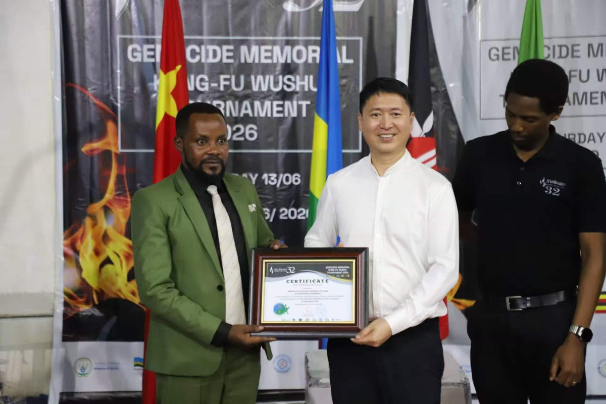 ChinaEmbinRW's tweet photo. On June 14, Amb. GAO Wenqi attended the Genocide Memorial Kung-Fu Wushu Tournament and East African Martial Arts Invitation Tournament. Amb. GAO encouraged athletes to carry forward the spirit of self-discipline, benevolence, and peace advocated by Chinese Wushu. He hoped the athletes could take the China-Africa Year of People-to-People Exchanges and the 55th anniversary of diplomatic relations between China and Rwanda as an opportunity, to promote mutual understanding and friendship between the two peoples.