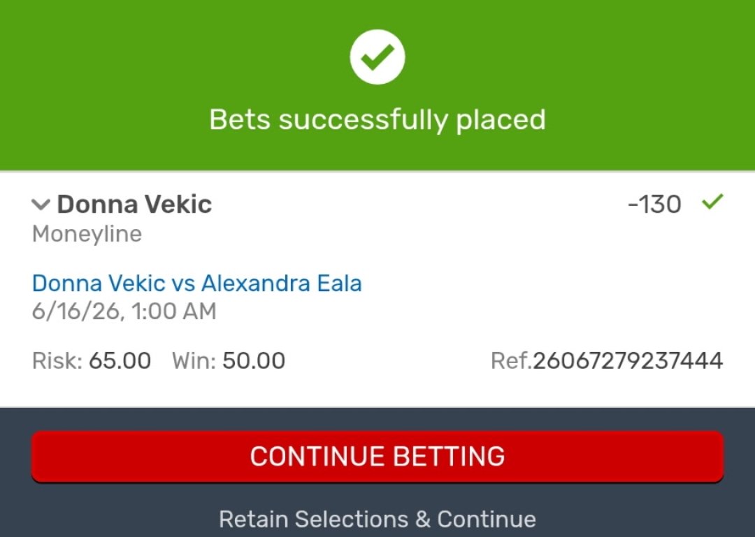 TyTranPicks's tweet photo. 6/16/26 WTA Berlin

Donna Vekic vs Alexandra Eala

Everything points to Eala here. Vekic is 29 and just played 5 matches in 5 days to win Queen's Club as a lucky loser. She then has to fly to Germany and play her first round match against Eala in 48 hours. At 29 years old, that takes a toll.  

Eala is 21, rested, and owns the H2H 1-0. Fresh legs, youth, matchup edge and she's the underdog. Eala +110 moneyline seems like the clear value.

But I'm pivoting last minute to Donna Vekic -130.

Here's why: Champions find a way. Vekic just proved she's a champion. The confidence from that title run carries over more than the fatigue hurts. Give me the veteran who just lifted a trophy.