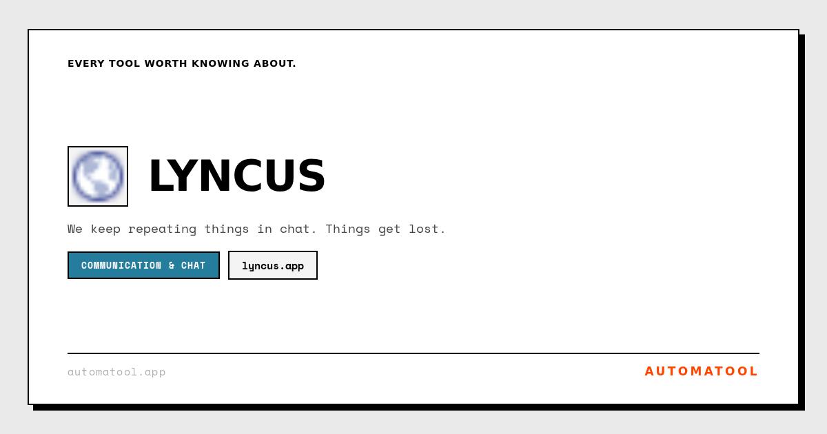 automatool_app's tweet photo. Tired of repeating stuff in group chats? LyncUs captures action items from messages and turns them into persistent tasks, reminders and assignable to-dos so nothing gets lost.
#Productivity #Household #Chat https://t.co/QYIU8TOXSz
