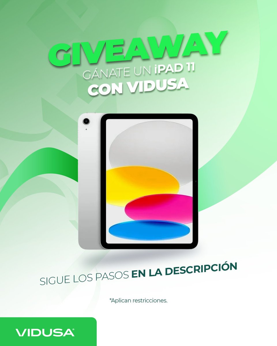 vidusacasas's tweet photo. GANA UN iPad 11 CON VIDUSA.

Para participar:
• Sigue a @vidusacasas. 
• Dale like a esta publicación. 
• Etiqueta a 3 amigos. 
• Comparte este post en tus historias.

Participa hasta el 26 de junio de 2026 a las 12:00 PM. https://t.co/3YwQ7uZvWf