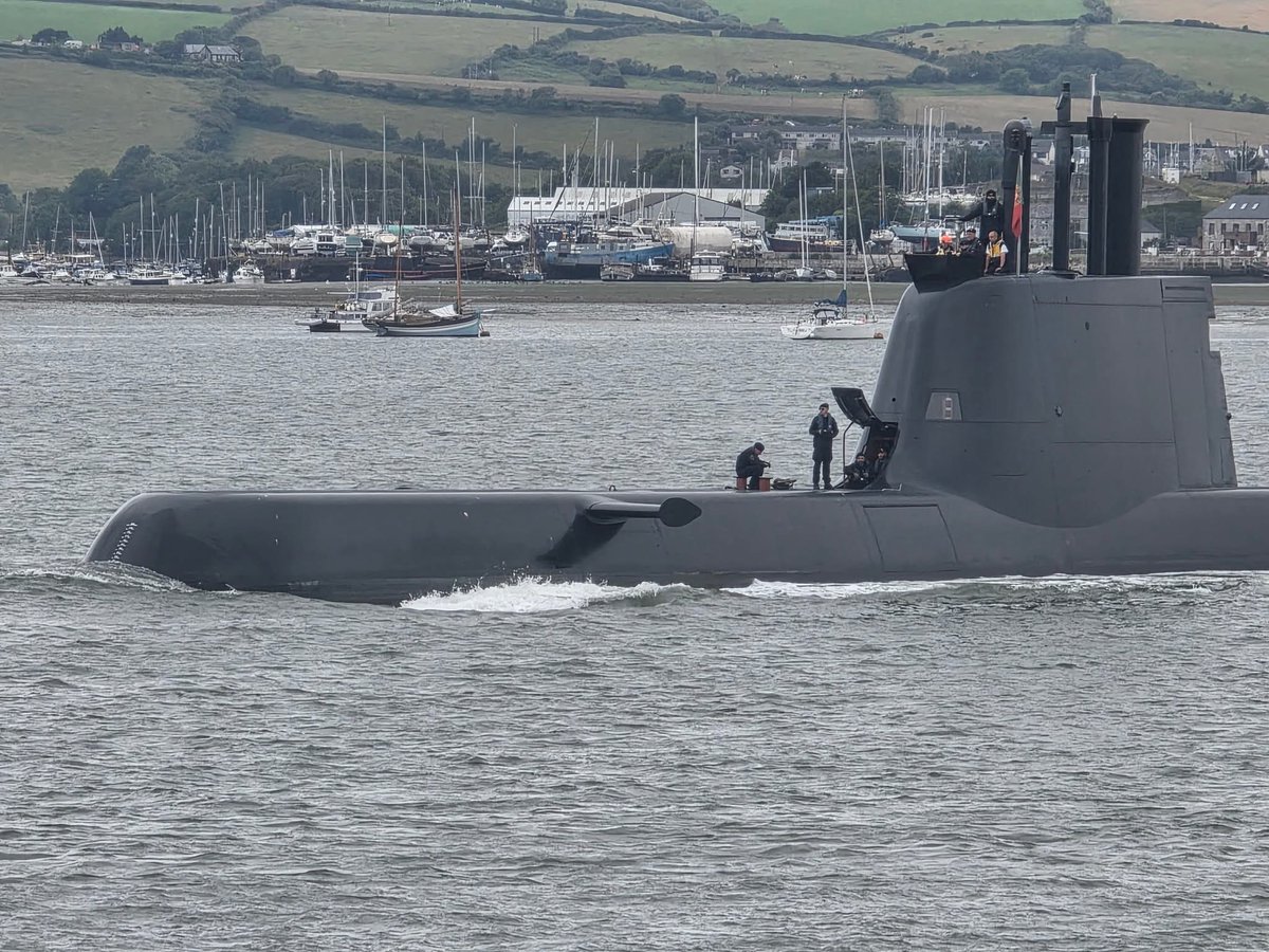 WarshipCam's tweet photo. Portuguese Navy Tridente-class submarine NRP Tridente (S160) leaving Plymouth, England - June 15, 2026    SRC: FB- Gemzies photography https://t.co/a6zlNXOa9I