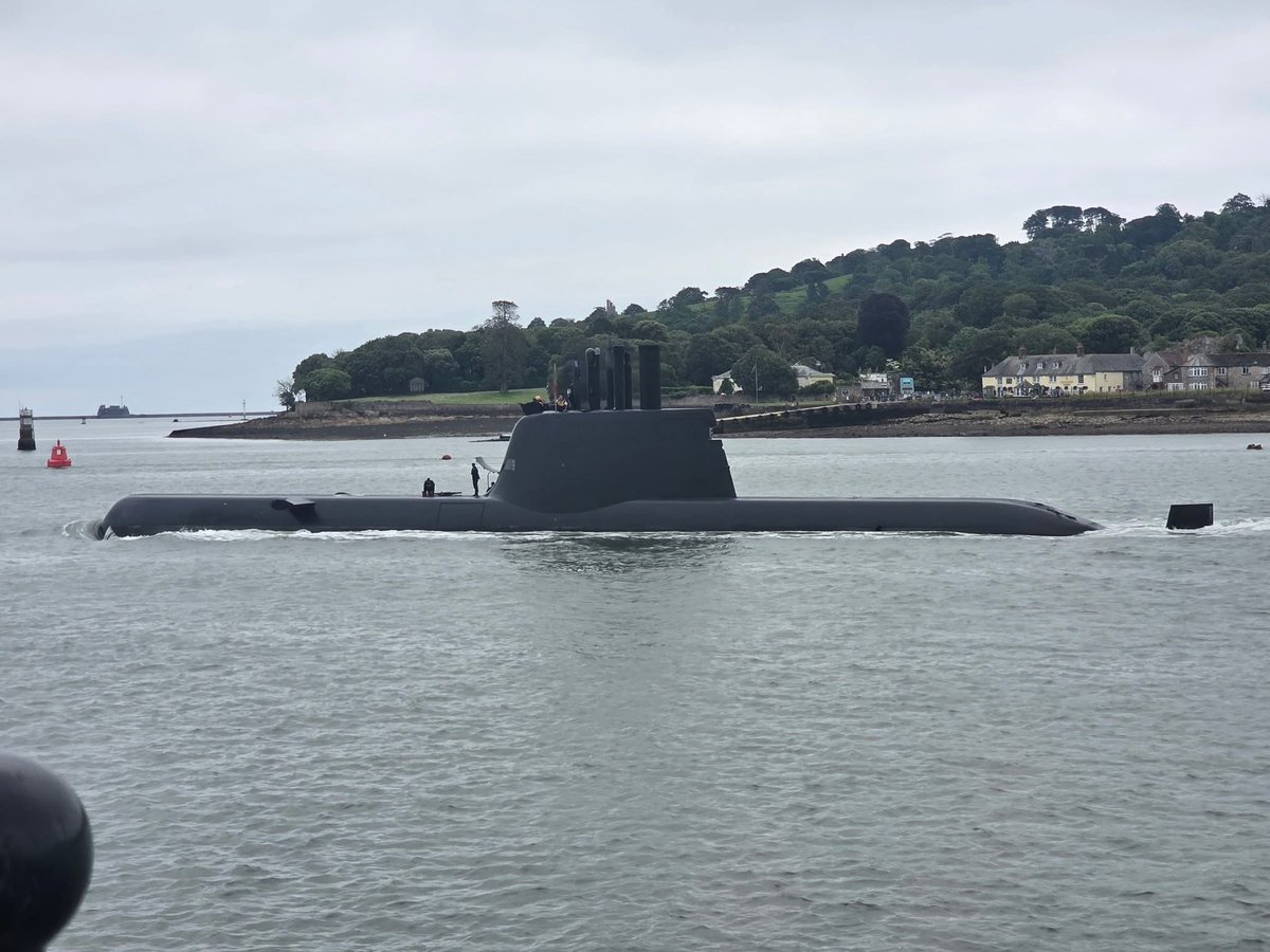 WarshipCam's tweet photo. Portuguese Navy Tridente-class submarine NRP Tridente (S160) leaving Plymouth, England - June 15, 2026    SRC: FB- Gemzies photography https://t.co/a6zlNXOa9I
