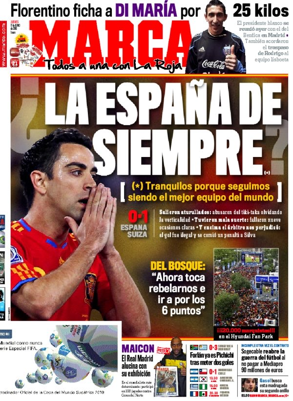 renaldinhos's tweet photo. Portada y recortes de la edición del 17 de junio de 2010 de MARCA. España debutaba en el Mundial de Sudáfrica perdiendo contra Suiza y todos, hasta Di Stéfano, coincidieron: "la posesión es estéril sin profundidad". La historia parece repetirse 16 años después. ¿Terminará igual? https://t.co/NI91tD7xb8