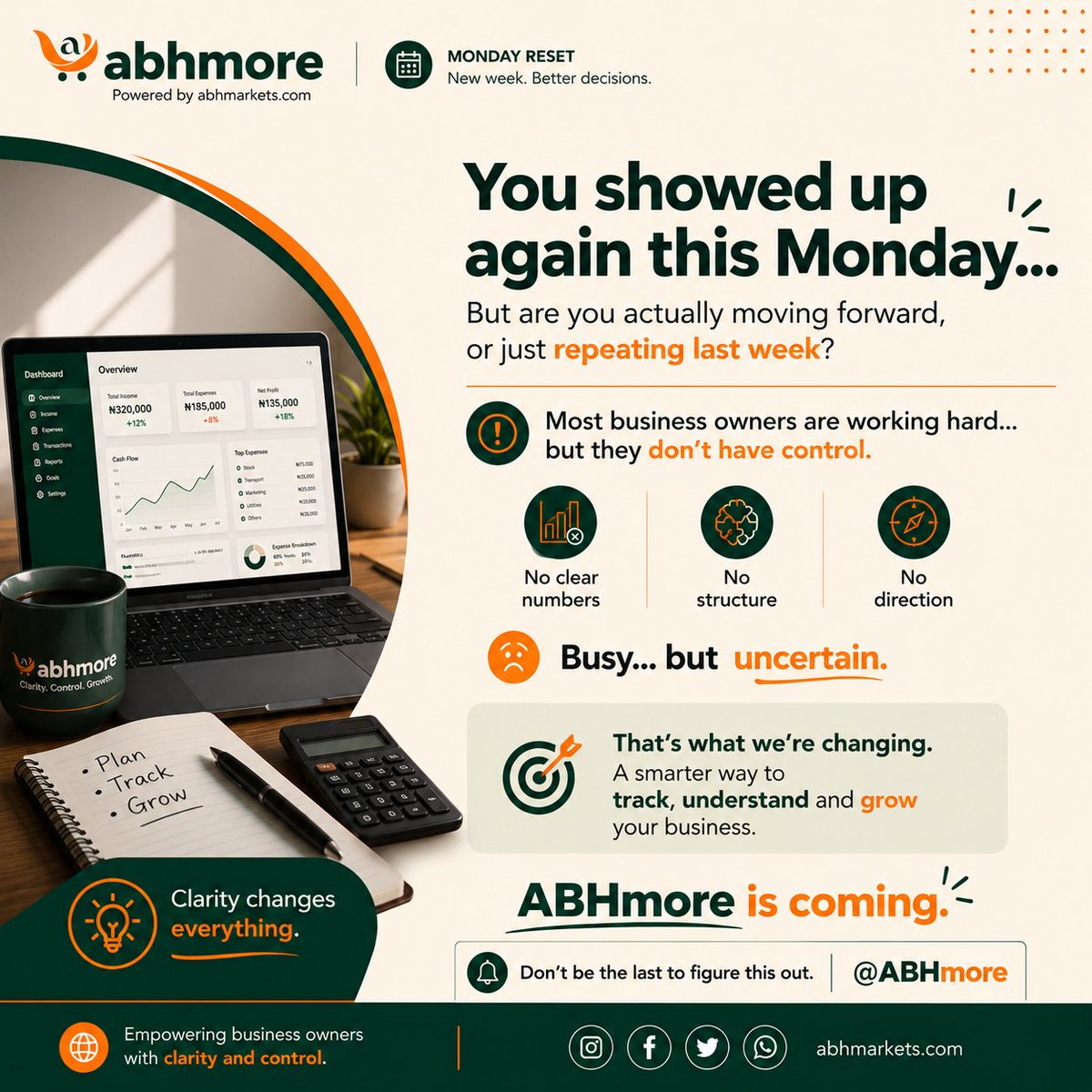 ABH_more's tweet photo. New week.

Same hustle… but no clarity?

You’re not alone.

Most businesses lack control — no numbers, no structure, no direction.

We’re fixing that.

ABHmore is coming. https://t.co/N50HIIwC0r