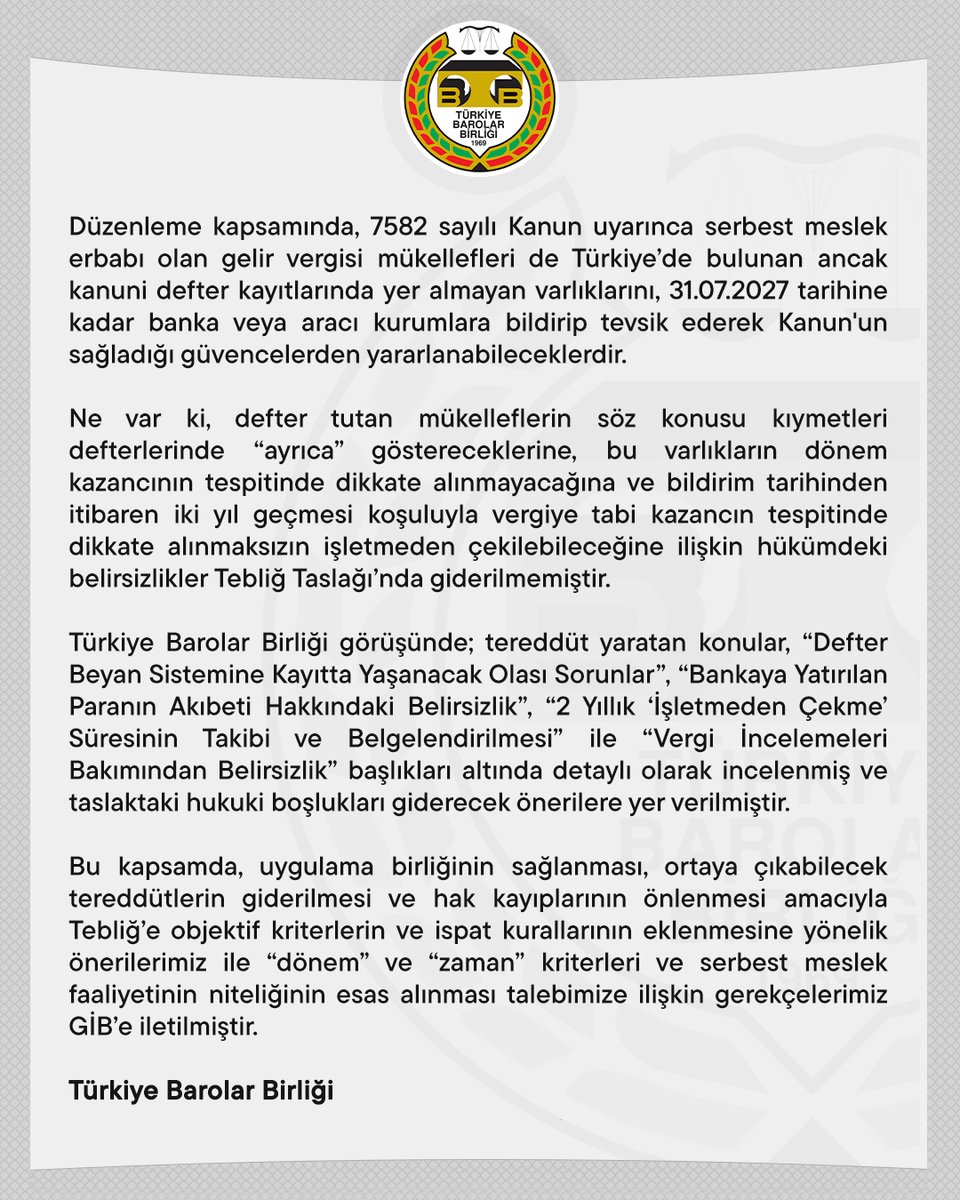 barolar's tweet photo. Bazı Varlıkların Ekonomiye Kazandırılmasına İlişkin Tebliğ Taslağı Hakkındaki Görüş ve Önerilerimiz GİB’e Sunulmuştur

👉  https://t.co/ZHykBTOQpj https://t.co/3XORyGp6yx