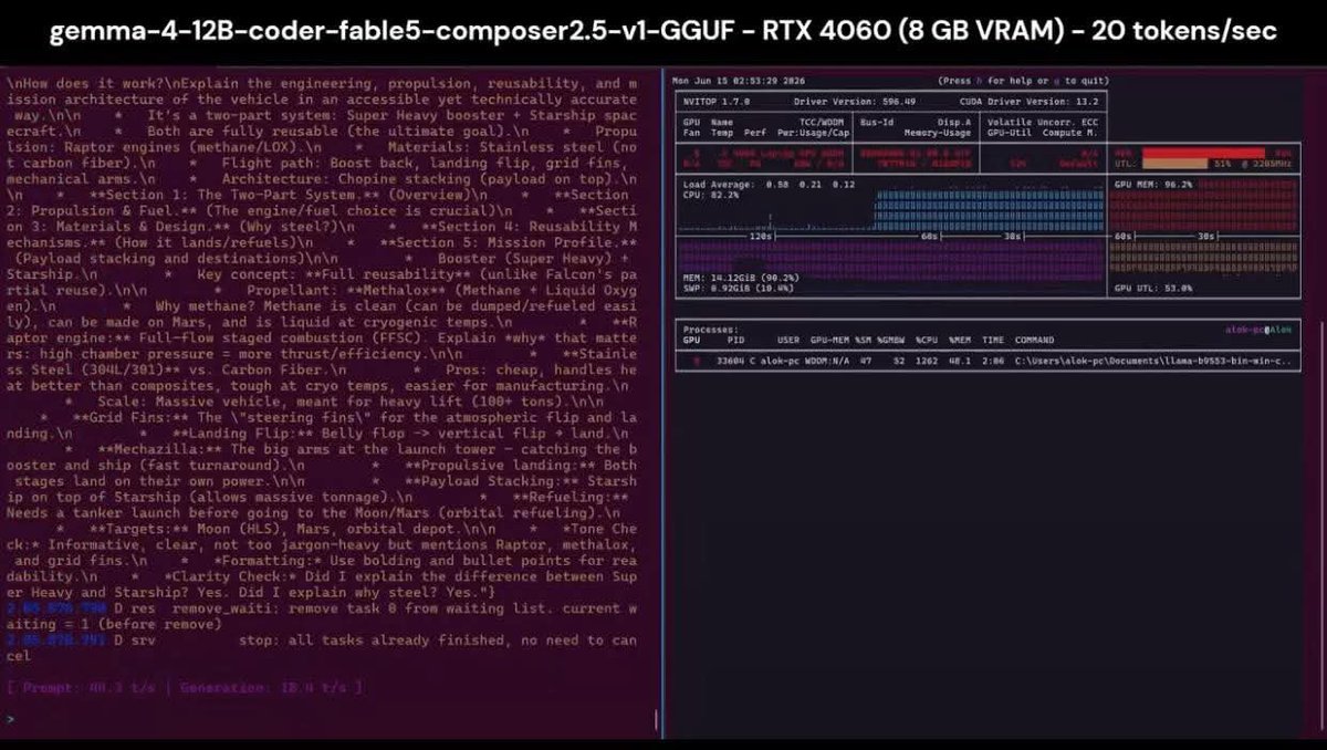 PGR_mx's tweet photo. Fable 5 died, but peoples are training their models on its reasoning traces. 

this model has already been downloaded +20K times, it's gemma-4-12B fine tuned on Composer 2.5 and Fable 5 reasoning. 

the API is dead, but the ghost lives in open-source, the irony ��

Ran gemma-4-12B-coder-fable5-composer2.5-v1-GGUF locally with 8 GB VRAM at 20+ tok/sec

Anthropic's Claude Fable 5 launched June 9.
By June 12 it was banned. You can't access it. You can't either.

But here's the twist: running a model trained on its chain of thought at 20 tok/s on my RTX 4060 8GB.

Locally, No export control.

Enter: Gemma4-12B-Coder GGUF (Q4_K_M)
Base: Google's gemma-4-12B-it

Fine-tuned on verifiable Python CoT data:

- Primary: Composer 2.5 real reasoning traces (only passing solutions kept)
- Auxiliary: Fable 5 used to redo the hard cases Composer missed.

Every training example's reasoning led to code that actually ran, No hallucinated logic.

Llama.cpp flags: 
-m gemma4-coding-Q4_K_M.gguf -cnv  -ngl 44 -c 64000 -v
(huggingface model link in comments) 😐

Flag breakdown:
 -ngl 44 to offload 44 layers to GPU (tune this for your VRAM)
 -c 64000 to 64K context window
 -cnv to conversation/chat mode
 -v → verbose output

The irony writes itself.

Anthropic spent weeks telling the world Fable 5 (mythos) is too powerful to release. 
Then released it Fable 5 powered by Mythos oke Then got banned from serving it, including their own researchers.

Meanwhile: a Gemma 4 12B fine tune, trained on Fable 5's reasoning, runs fully offline on mmid range consumer GPU 

QNo API, No cloud, Just e and llama.cpp.