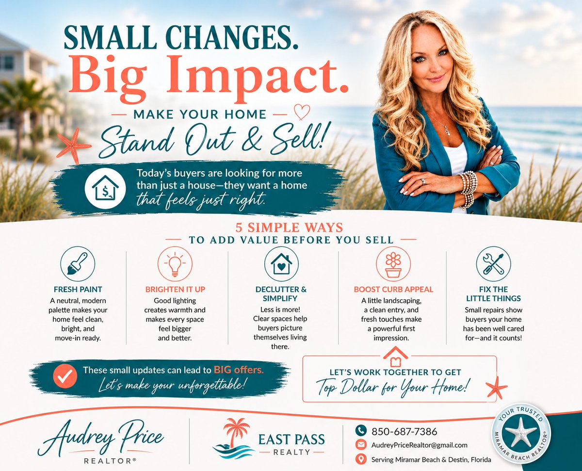 AudreyPriceReal's tweet photo. The #1 reason buyers skip your home online?
Photos. Buyers decide in seconds whether to click or keep scrolling.
Avoid:
❌ Dark rooms
❌ Clutter
❌ Poor-quality photos
First impressions matter.
Audrey Price, Realtor | East Pass Realty | 850-687-7386
#MiramarBeach #FloridaRealtor https://t.co/gh395MwH6H