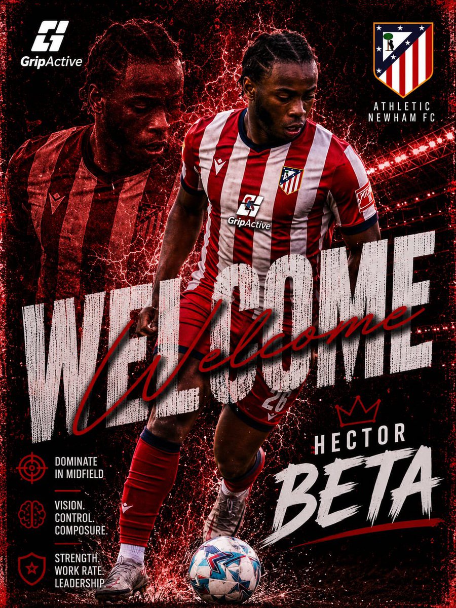 Athleticnewham's tweet photo. Welcome to Athletic Newham, Hector Beta 🔴⚪️

We’re delighted to welcome Hector Beta to Athletic Newham FC.

A powerful box-to-box midfielder formerly of Hackney Wick and AS London, Hector brings energy, physicality and quality to the midfield.

#WelcomeHector #AthleticNewham https://t.co/wBZjoAv2CB