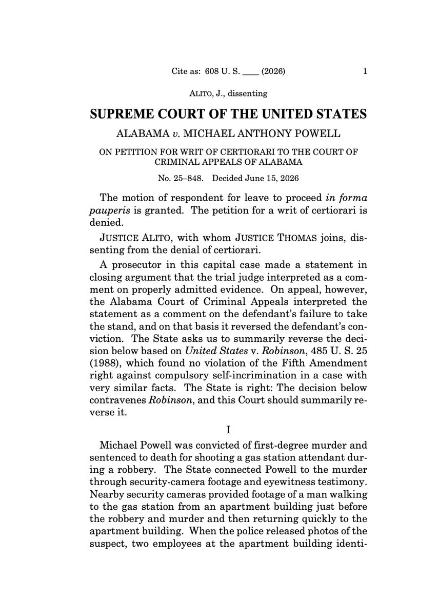 RDunhamDP's tweet photo. Today, over the dissents of Justices Alito and Thomas, SCOTUS has denied the Alabama attorney general’s petition to review an Alabama Court of Criminal Appeals ruling that granted a new trial to death-row prisoner Michael Powell.  https://t.co/2SPYk1Rhfp @uscedp @PHADP @eji_org https://t.co/pdA1cIXFQh