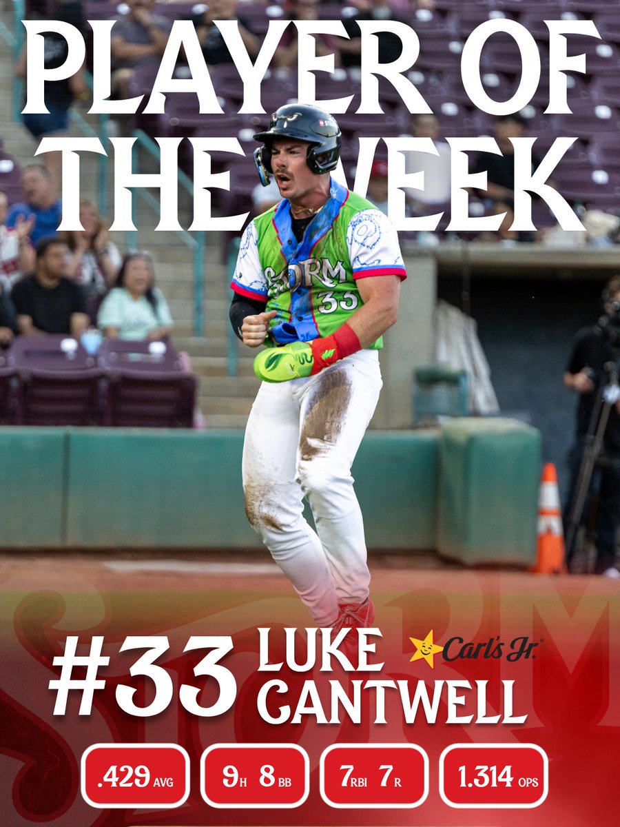 Storm_Baseball's tweet photo. When a bee sees Luke Cantwell, it stings itself instead. True story. 

Celebrate his BEautiful performance at a Lake Elsinore Carl’s Jr. near you https://t.co/0XcmNWBZL2