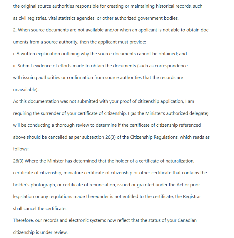 01CuriousGeorge's tweet photo. UPDATE!!  A large number of people who were granted Canadian citizenship by descent have received a Surrender Letter over the weekend by the IRCC,  placing their files under review.   Many are now panic-stricken as their citizenship (or Canadian golden ticket to free services and health care) may be revoked!

Link to the mega thread, which is interesting to read: https://t.co/DEcBOQyraD