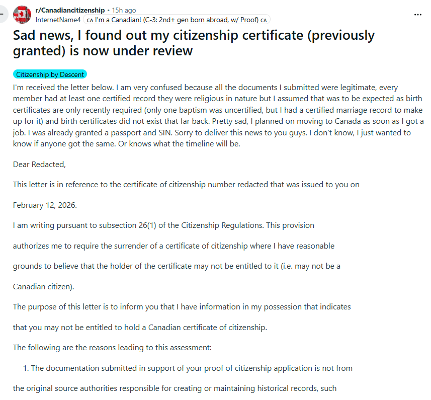 01CuriousGeorge's tweet photo. UPDATE!!  A large number of people who were granted Canadian citizenship by descent have received a Surrender Letter over the weekend by the IRCC,  placing their files under review.   Many are now panic-stricken as their citizenship (or Canadian golden ticket to free services and health care) may be revoked!

Link to the mega thread, which is interesting to read: https://t.co/DEcBOQyraD