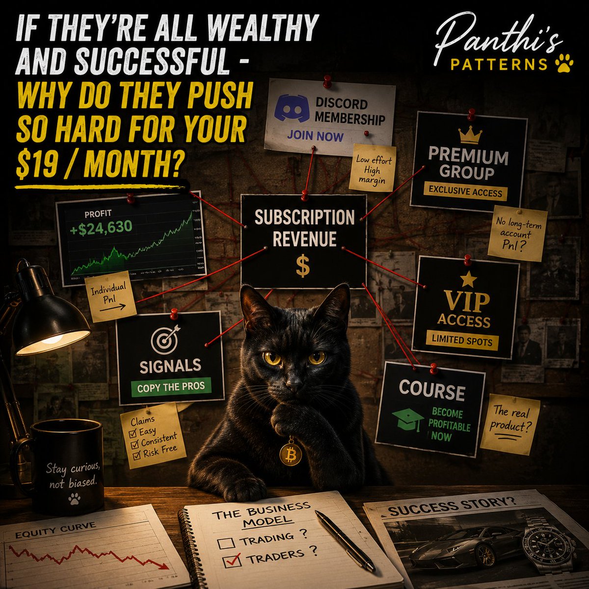 Panthiczek's tweet photo. If they´re all wealthy and successful - why do they push so hard for your 19$/month❔

Panthi´s Patterns 🐈‍⬛

Many large accounts in this space claim they basically print money with their trading strategies. Yet, somehow...

They spend every day trying to sell

⚠️Discord Memberships
⚠️Premium groups
⚠️VIP access
⚠️Signals
⚠️Courses

to people with accounts smaller than their daily PnL.

Don´t get me wrong, some will be legitimate profitable traders. But mostly you´ll see people share individual trade PnLs.

WHERE ARE YOUR LONG-TERM EQUITY CURVES ⁉️

👉Not every "big" trader is making money from trading, some are making money from traders.