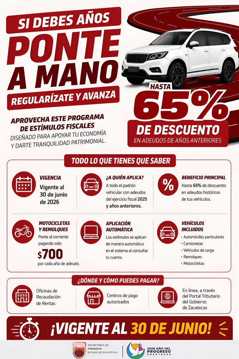 SEFIN_Zac's tweet photo. #AccionesSEFIN | Con el programa “Si Debes Años, Ponte a Mano”, impulsado por el gobernador David Monreal Avila, brindamos facilidades para que las y los zacatecanos regularicen sus adeudos vehiculares y den certeza a su patrimonio. https://t.co/w2fRqGTNk5