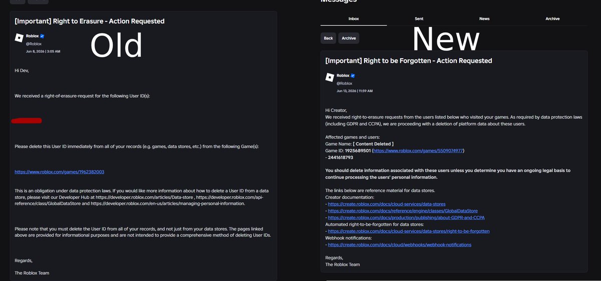mielesgames's tweet photo. Hey @SharkBloxYT Roblox has changed the "right to erasure" message to be more specific, it now tells you which game is affected and gives you some more information on it.

Not sure which one is the userID on the new version since it's a bit unclear, but it's an improvement https://t.co/WM44rkDSCL