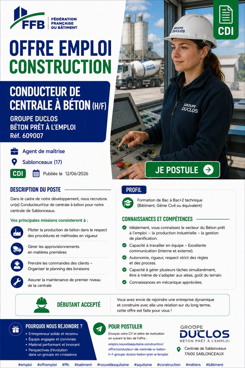 EmploiFfb's tweet photo. @FFBNleAQUITAINE Offre emploi construction : Conducteur de centrale à béton (H/F) – à  Sablonceaux (17)
Groupe DUCLOS - Béton prêt à l'emploi
Agent de maîtrise : Pour postuler suivez le lien : https://t.co/8KAPVUCk62 https://t.co/jTKY8kWQjs
