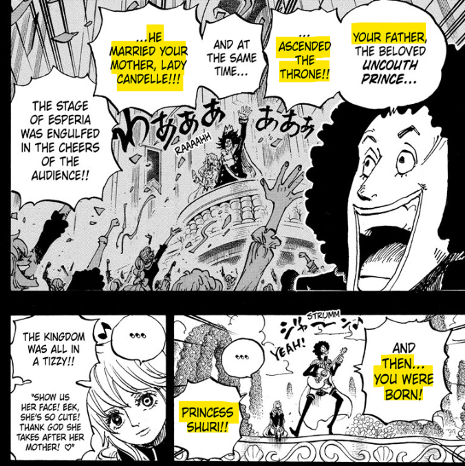RomPieceG5's tweet photo. Lady Candelle likely suffered the same fate as Ginny.

1. "One time, a ship from the World Government washed up on Esperia."
Shuri: "Celestial Dragons?"
2. "Lady Candelle was bedridden for several months after that."
3. "That was only the precursor to wonderful news, Princess Shuri!!"
4. "Prince Reuven ascended to the throne, became king, and married Lady Candelle."
5. "Then Princess Shuri was born."

Celestial Dragons are known for taking women hostage and forcing them into marriages. Ginny is a clear example...

1. A Celestial Dragon takes Ginny hostage.
2. She disappears for two years.
3. She returns with a baby and suffering from a disease.
4. Kuma ends up raising the daughter she had with a Celestial Dragon.

Given those parallels, it's not crazy to say that Lady Candelle may have suffered a similar fate. 

And Imu is so twisted that, in Chapter 1155, when Xebec infiltrates the Holy Land, Princess Shuri is shown serving him. Coincidentally, she has blue hair just like Queen Lily & Vivi. This dude is seriously obsessed with blue haired royal princesses.

#ONEPIECE1185