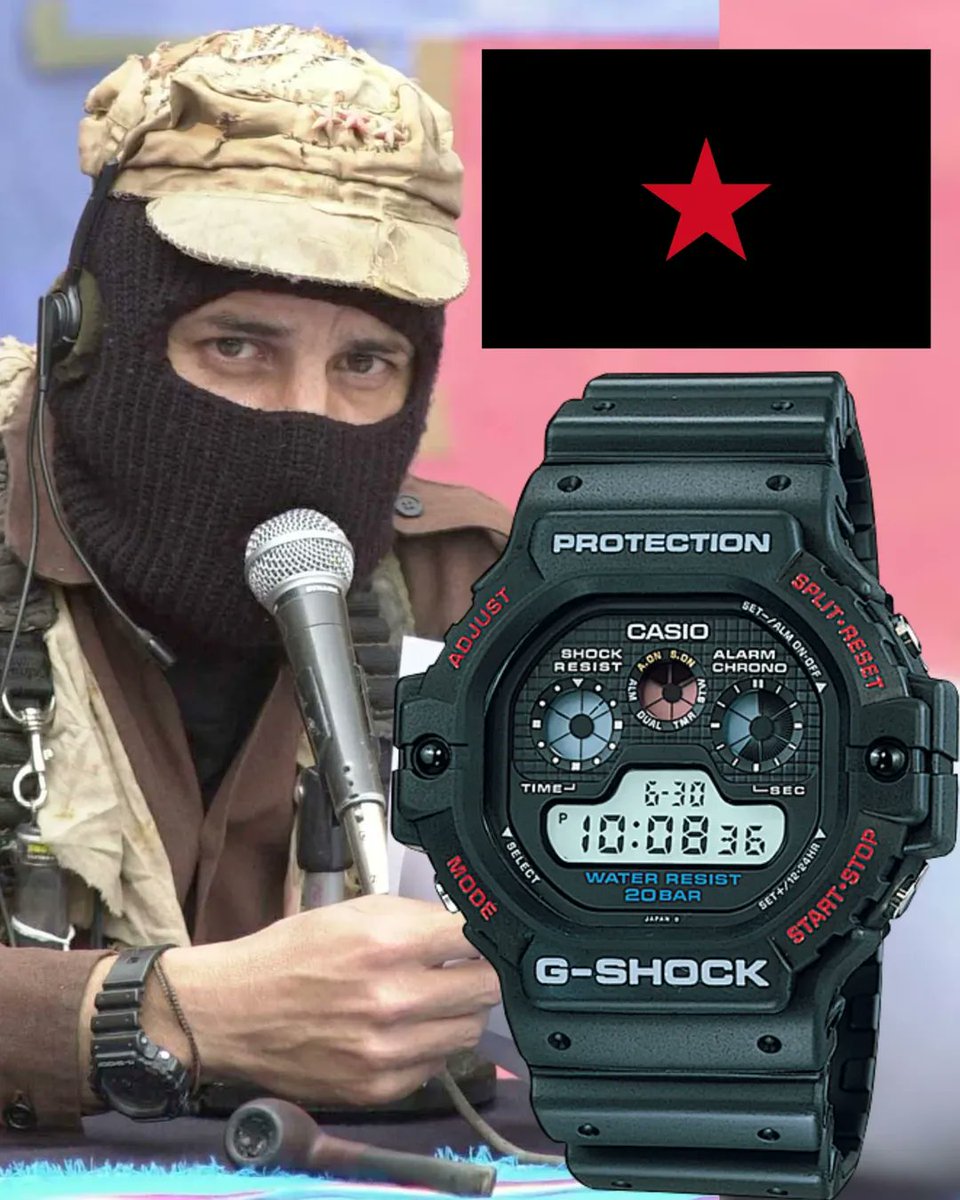 ultras_antifaa's tweet photo. Subcomandante Marcos, one of the leading figures, commanders and at times the de facto leader of the EZLN (Zapatista Army of National Liberation), was photographed wearing a DW-5900C-1 in 2001. 

As a guerrilla leader, Marcos can be seen wearing a watch in almost every photograph of him. 

In 2014, he stepped back from his role to make way for a new generation of leaders and subsequently adopted the name Subcomandante Insurgente Galeano.
