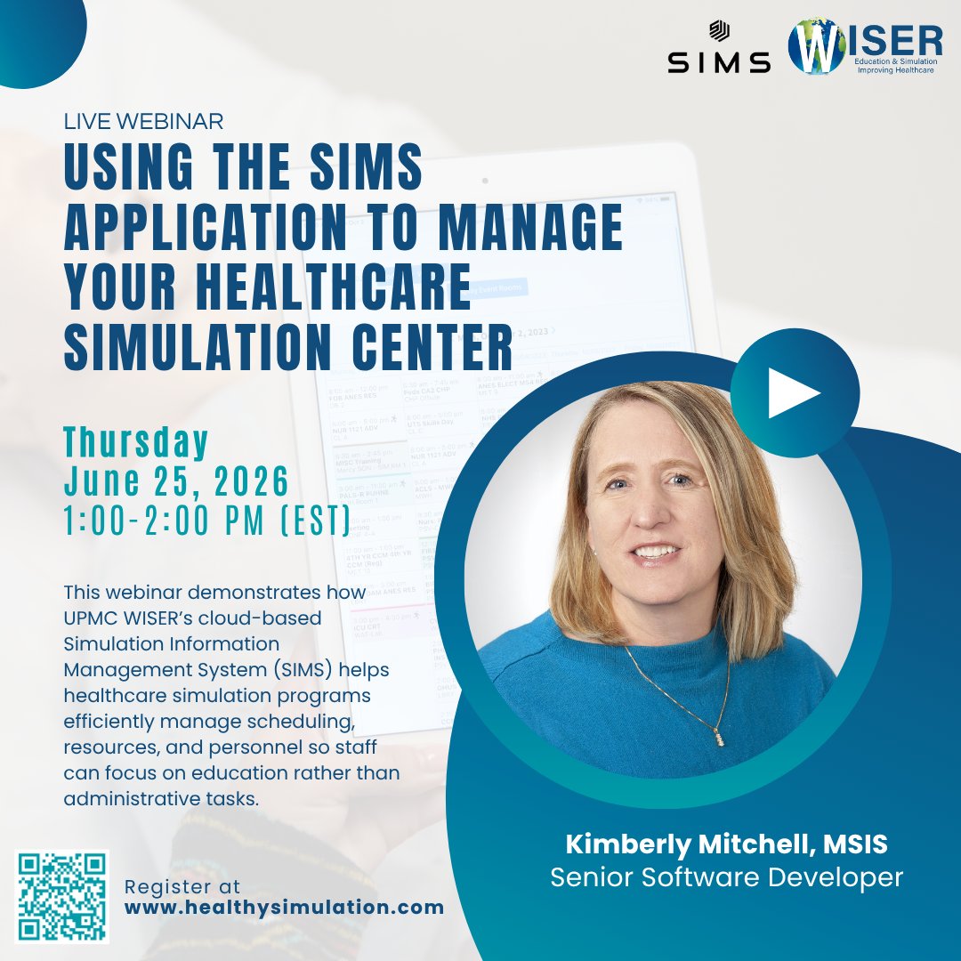 WISERSIM's tweet photo. 🖥️ Our very own Kim Mitchell is back with another Healthy Simulation webinar! Join Kim on Thursday, June 25th at 1:00 PM to discuss how the SIMS application can help you manage your healthcare simulation center. Register today at https://t.co/6DkkqiFqNd! https://t.co/p0ZtOnKMIi