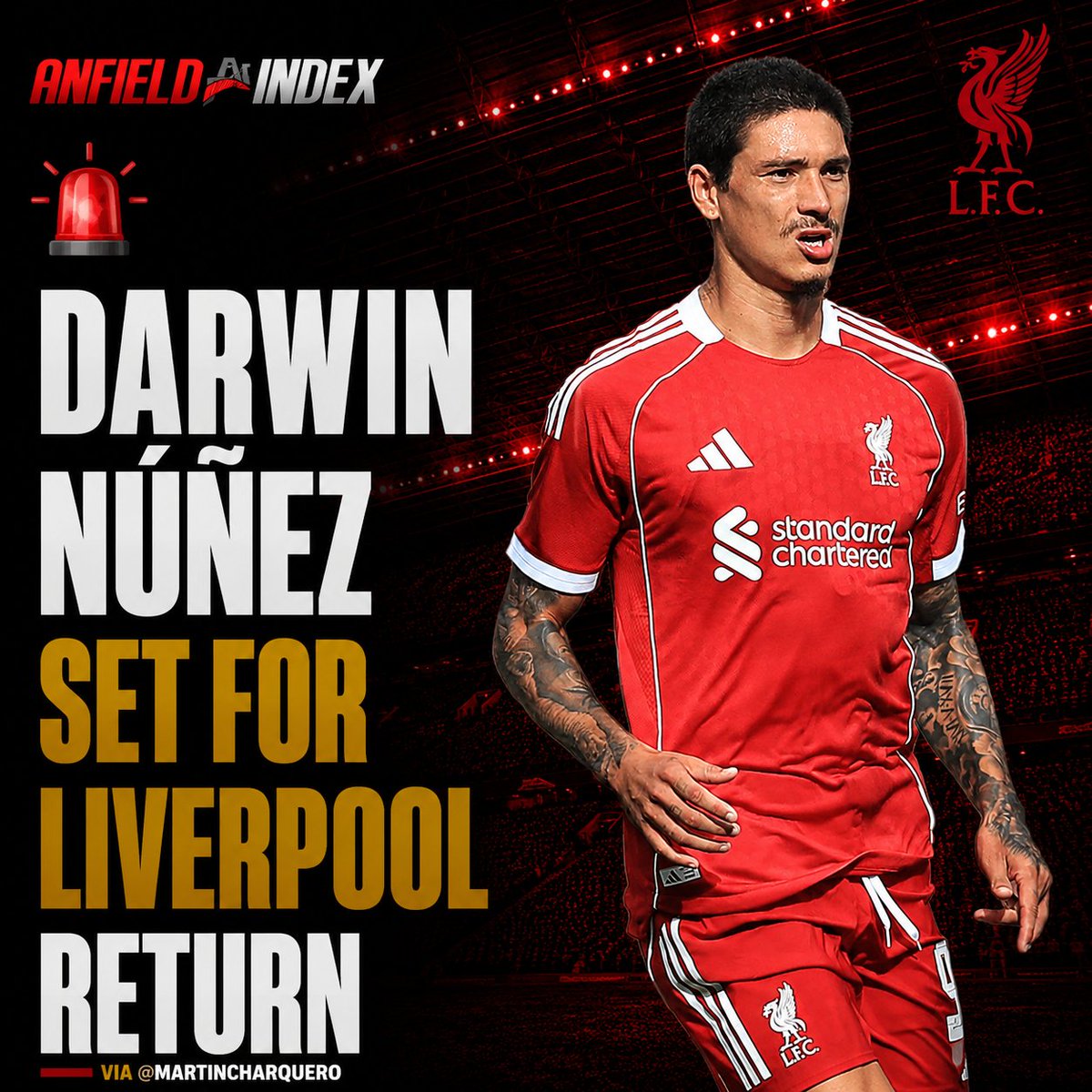 AnfieldIndex's tweet photo. 🚨Darwin Núñez is reportedly set to return to Liverpool 🔴🇺🇾

🔴No official confirmation is expected in the coming days as the striker wants to remain fully focused on Uruguay duty

via @MartinCharquero https://t.co/TpBoqCwK7G