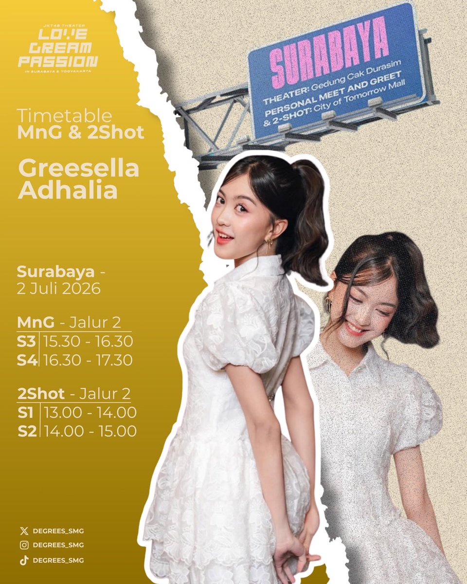 Degrees_SMG's tweet photo. Dumateng Sederek Sedoyo, menika jadualipun sesi 2shot &amp; MnG teater sementara kalian kak Grisell!!!!

Hehehe berikut Timetable 2shot &amp; MnG bersama @Greesel_JKT48 di Surabaya dan Yogyakarta yahhh. Langsung aja yah satset!!!!

See u Venue gaissa

#DGRSMG https://t.co/l3wt1C7NqS