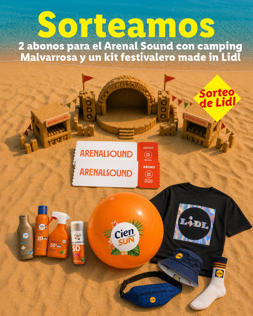 lidlespana's tweet photo. 🎉 ¡CIEN SUN TE TRAE UN SORTEO DE 2 ABONOS PARA EL ARENAL SOUND con camping Malvarrosa + kit festivalero! 🎉 
⁣⁣
¿Sin planes para este verano? Participa y disfruta de una experiencia única en el Arenal Sound con el kit festivalero made in Lidl ❤️💛💙 .
⁣
⁣Participa así:⁣⁣
⁣⁣
1️⃣ Sigue a @lidlespana.
2️⃣ Comenta con quién irías al festival.
3️⃣ Usa el hashtag #DeFestivalConCienSun