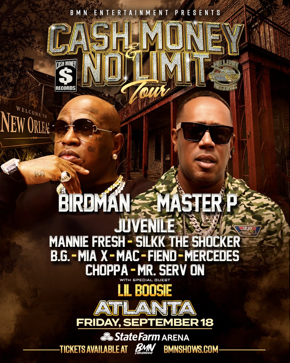 StateFarmArena's tweet photo. Two Legendary Labels. One Historic Tour. Cash Money &amp; No Limit Tour with special guest Boosie. Get your tickets this Friday at 10 am. https://t.co/STJF0aD5x8
