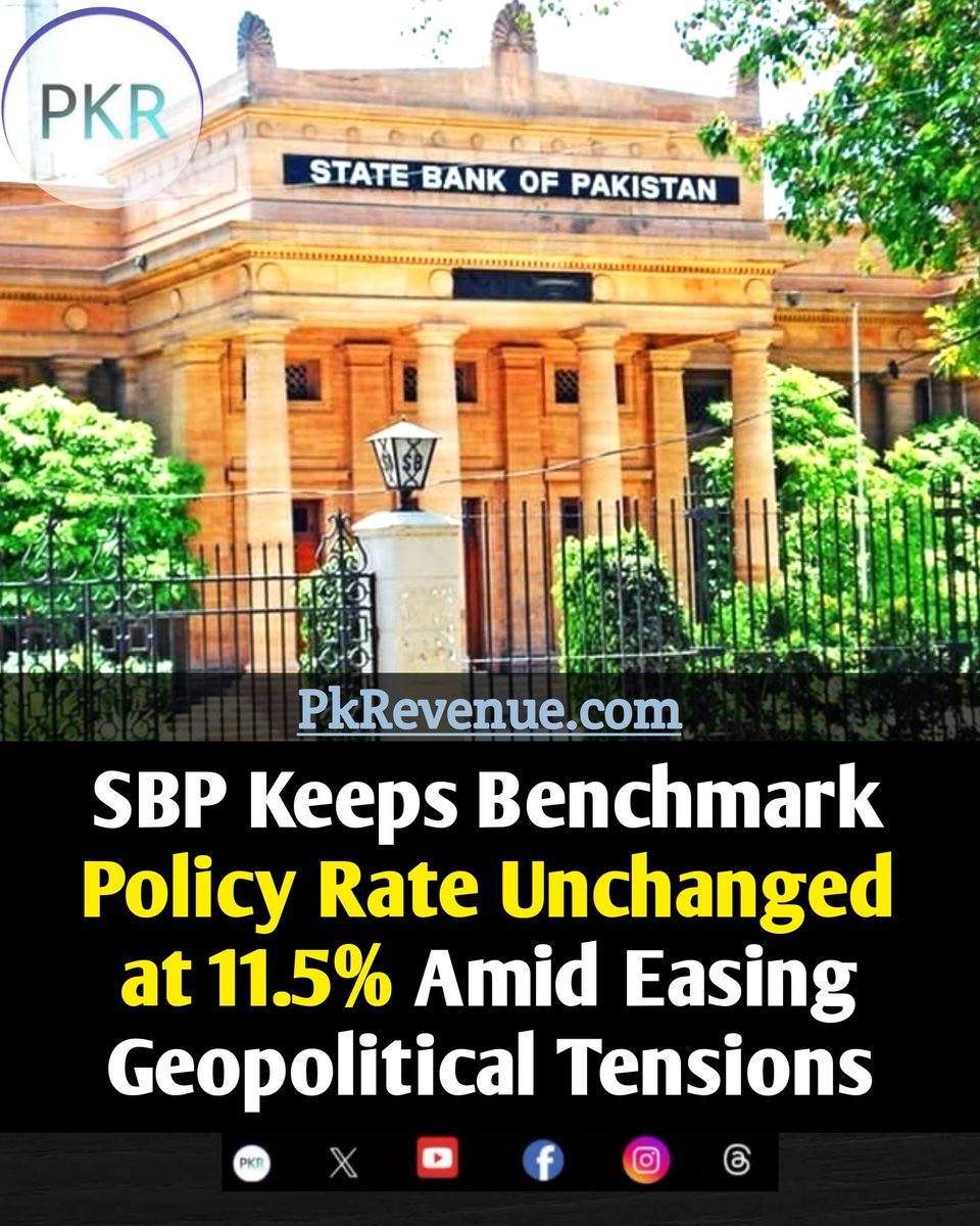 pkrevenue's tweet photo. SBP Keeps Benchmark Policy Rate Unchanged at 11.5% Amid Easing Geopolitical Tensions
Article Link: https://t.co/PMvA9xyNVR
Follow us on PkRevenue WhatsApp Channel: https://t.co/nCOCeC9c9I
#pkrevenue #SBPNews #StateBankofPakistan #PolicyRate https://t.co/CTlnXuhhlf