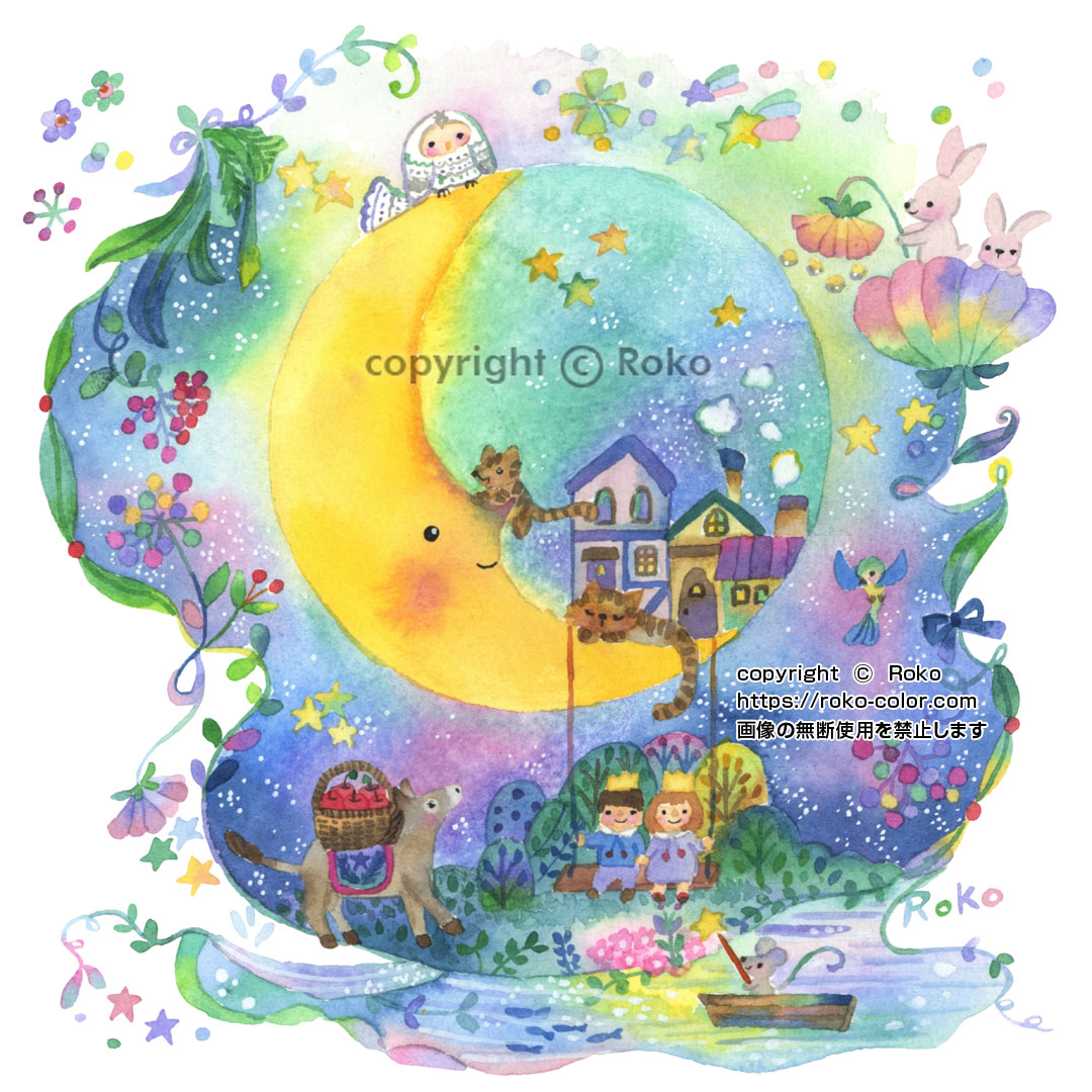 RokoColorBox's tweet photo. お仕事実績：済生会川口乳児院さま　オーダーイラスト　原画制作
https://t.co/BnauWK9UOJ

「月のブランコ」
三日月が僕たちと遊んでくれる　特別な夜

#月 #猫 #水彩画 #水彩画好きな人と繋がりたい #オーダーイラスト受付中 https://t.co/fg9C3tpnIJ