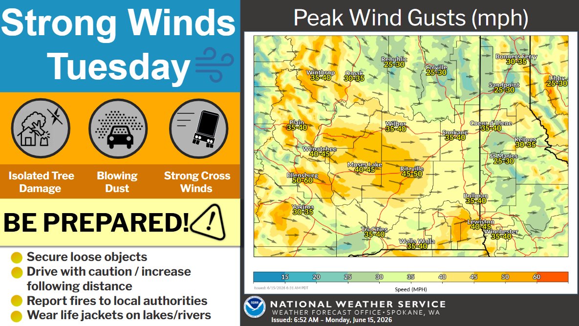 Forecast wind gusts for June 16th, 2026.  
