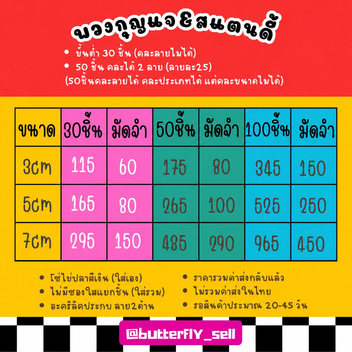 butterfly_Sell's tweet photo. 🔥โปร🔥
📮รีทวิต สุ่ม3cm25ชิ้น 

⏰ปิดรับ 20/6

✨อะคริลิค พกจ&amp;สแตนดี้ 
🖇️ขนาด 3,5,7 cm
⭐️ขั้นต่ำ 30ชิ้น/1ลาย
💟50 ชิ้นคละ 2 ลาย

✅สั่งผลิต 👉🏻: https://t.co/iGK6gEFp1N
🖐🏻ไม่มีซองแยกชิ้น

🇨🇳งานจีน รอ ~45วัน หลังปิดรับ
🚢 ส่งกลับเรือ อาจช้ากว่ากำหนด

#รับทําgiveaway #รับทำของแจก https://t.co/fMEXZWMzC6