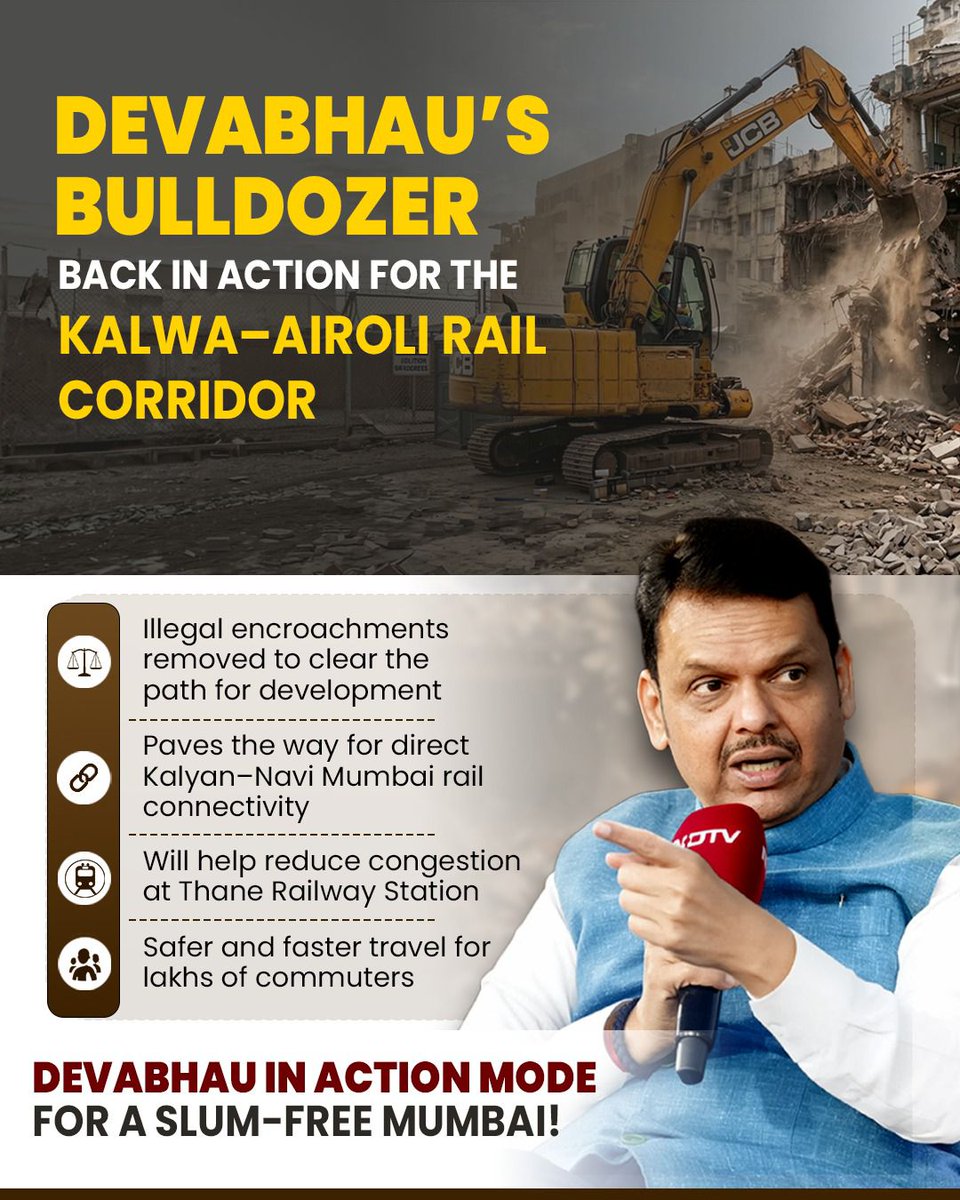 keshavadevarao's tweet photo. Devabhau’s Bulldozer is back in action! 🚜

Clearing illegal encroachments to fast-track the Kalwa–Airoli Rail Corridor paving the way for direct Kalyan–Navi Mumbai rail connectivity.

Less congestion at Thane, faster travel, and safer journeys for lakhs of commuters. https://t.co/2kdCv1f1KW