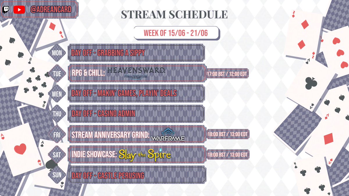 AdreanCard's tweet photo. STREAM SCHEDULE FOR THE WEEK: 15/06-21/05

I'm back... for a short while.... Things are changing around the game parlor, plus a bit sick so I'll jump in with fewer streams this week and do some well needed catch-ups!

Live @
https://t.co/Xu8bExccHS
https://t.co/G3kTiSUZ3T https://t.co/AKorFnq5gc