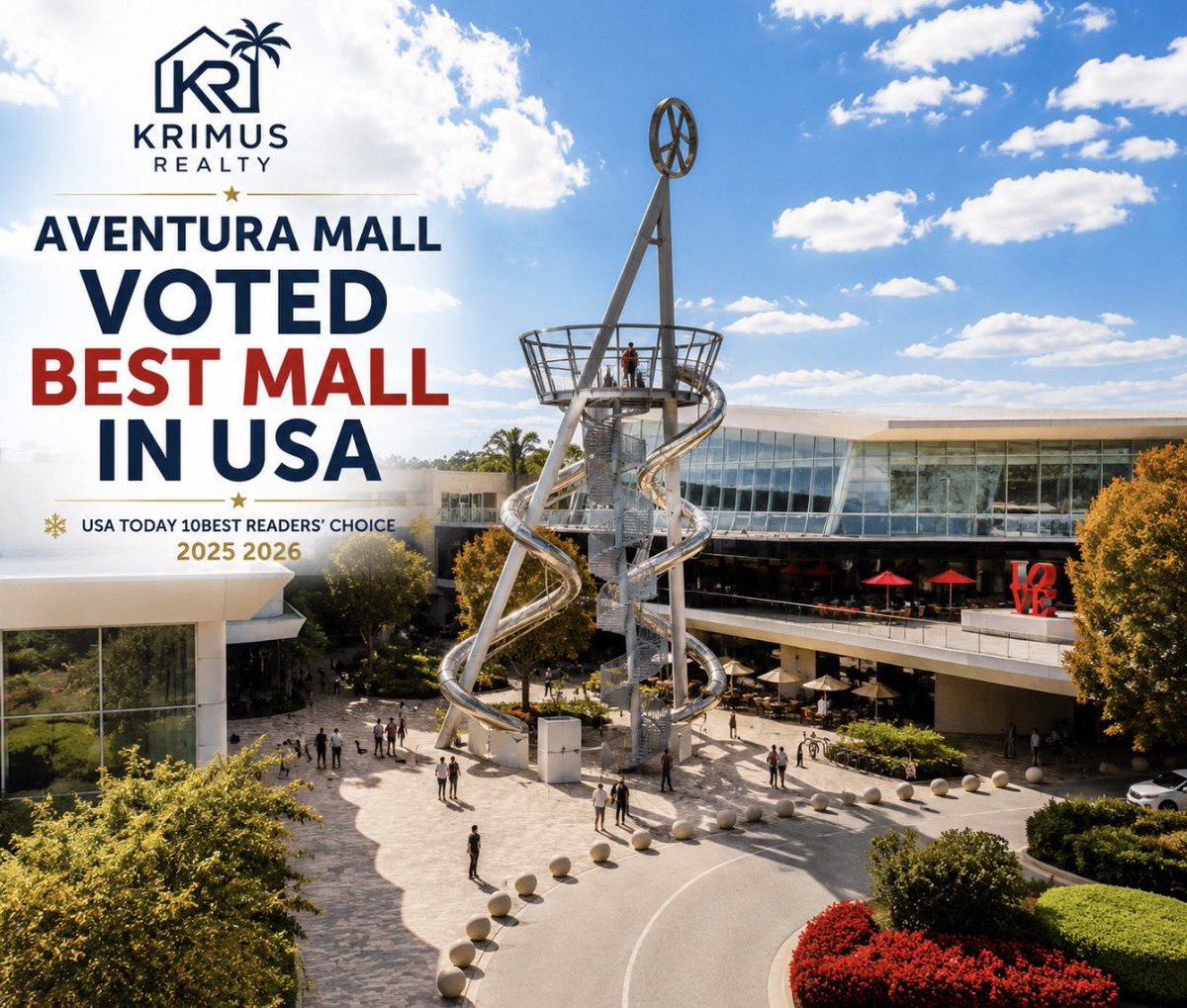 KrimusRealty's tweet photo. Aventura Mall has officially been voted the Best Mall in the USA by USA Today’s 10Best Readers’ Choice Awards for the second consecutive year.

Thinking about making South Florida home? 
Contact Krimus Realty to explore homes in Aventura and the surrounding areas. https://t.co/V09SaYNt0W