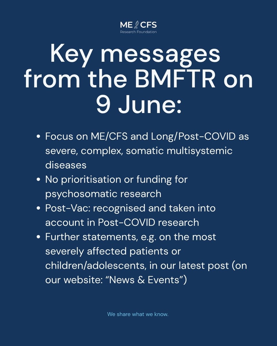 MECFSResearch's tweet photo. National Decade against Post-infectious Diseases: the first funding guideline for clinical research has been published. In addition, on 9 June the BMFTR met with 16 patient organisations. Focus: #MECFS and #LongCovid Read more in our article: https://t.co/6sbuFr4X2i https://t.co/SITjNmBtiJ
