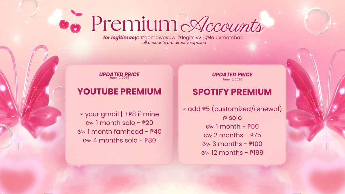laluvmatchaa's tweet photo. ࣪ ˖ ໒꒱ open !🪽💗

NETFLIX
YOUTUBE
HBO MAX
VIU 
LOKLOKTV
DISNEY+
VIVA ONE
CRUNCHYROLL
SPOTIFY
YOUTUBE PREMIUM
MICROSOFT 365
CANVA PRO
GRAMMARLY
QUILLBOT
MEITU
TURNITIN 
CAPCUT PRO

⌗. wts lfb ph premium accounts prem acc commission comms bts enhypen bini bns  sale discounted https://t.co/mtLsZwIxZV
