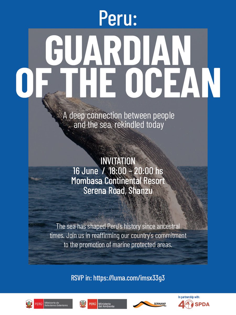 PeruinKenya's tweet photo. #OceanAction | 🌊🇵🇪 Join us in rearming our country’s commitment to the protection of the Ocean. 🦈🤝🏽

📅 June 16 2026
🕛 17:45 - 20:00 hrs
📍 Mombasa Continental Resort 
 ✍️ https://t.co/ONyPtj1GA6

Organized by the @CancilleriaPeru, @MinamPeru, and @SERNANP, together with SPDA. https://t.co/mttQykUlXx
