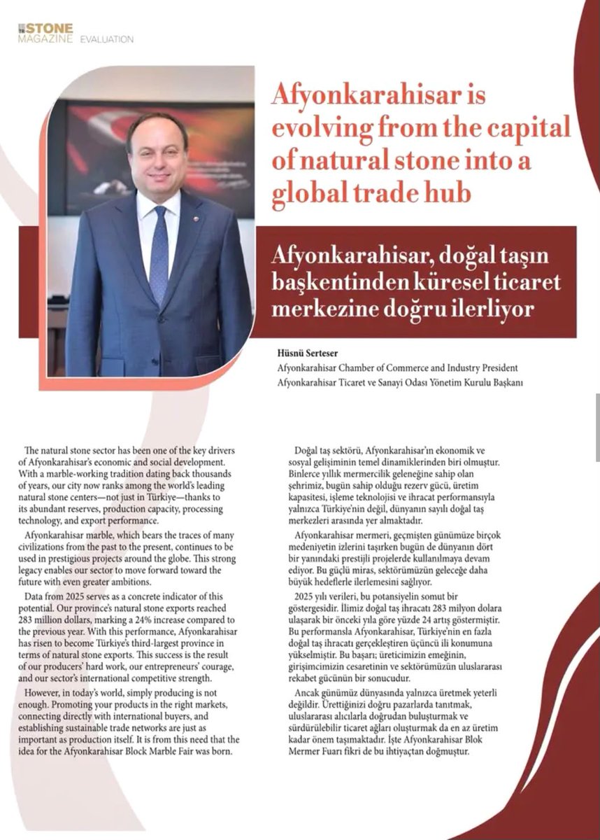 AFYONTSO's tweet photo. "Afyonkarahisar, Doğal Taşın Başkentinden Küresel Ticaret Merkezine Doğru İlerliyor!"

Yönetim Kurulu Başkanımız Hüsnü Serteser, TR Stone Magazine dergisinin yeni sayısına açıklamalarda bulundu. (sayfa 26,27)

Röportaj detayları için: https://t.co/N6pjqG4tG8 https://t.co/a6uOqtdcgw
