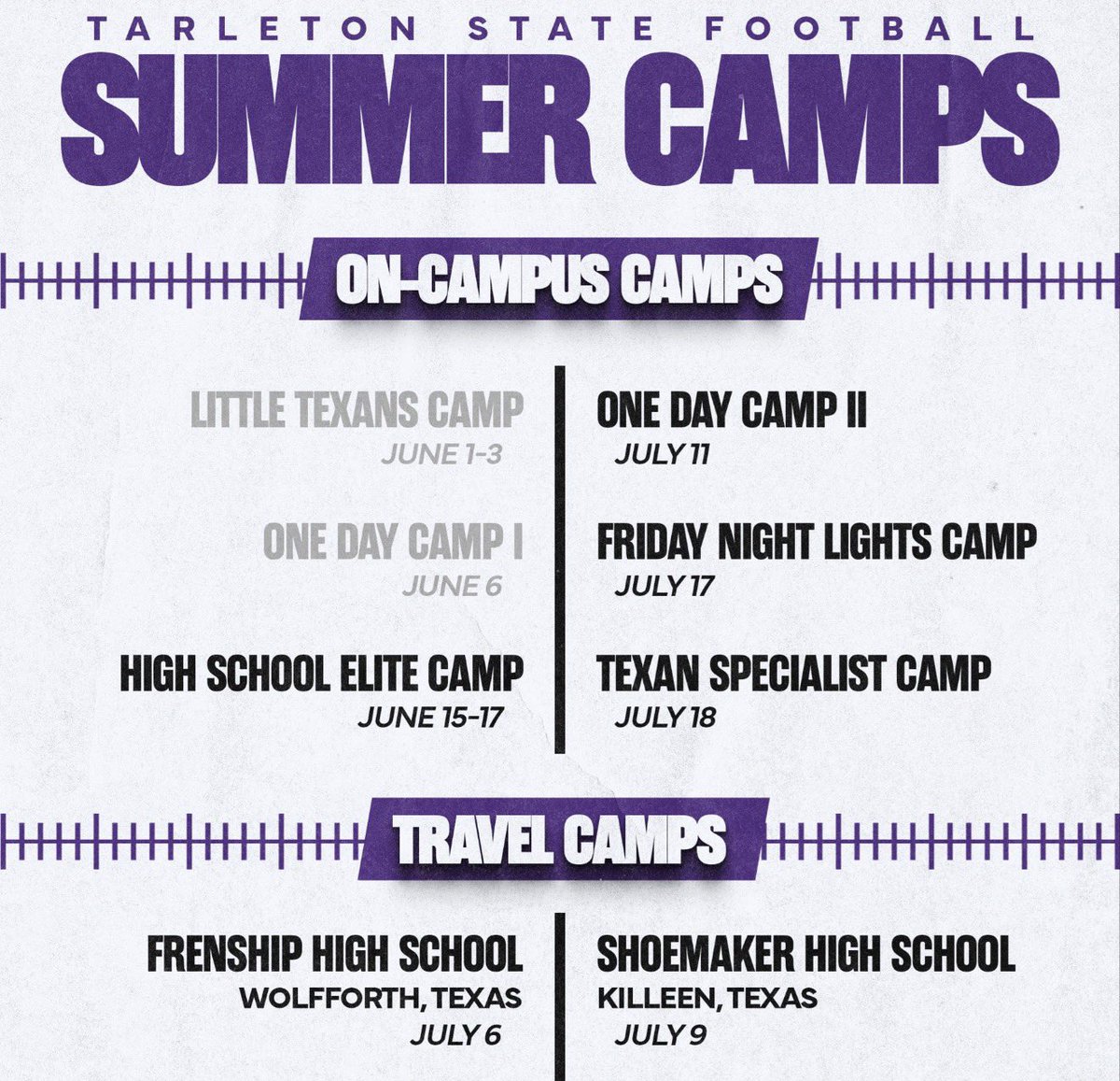 SeanWade2029's tweet photo. Heading to one of my favorite football camps today @TarletonFB 🟣⚪️ I look forward to this camp every summer - three days of listening, learning and competing. In addition, I'm going with some of my @LH_Panthers_FB brothers @MasonParsons29 @HudsonSchott02 @Harrison_M2029  @JOSHRH23 
Time to work!!! @CoachTyroneNix @FredrickTate2 @CoachSeaborn @CoachMolina40 @Coach_Acevedo   #BleedPurple