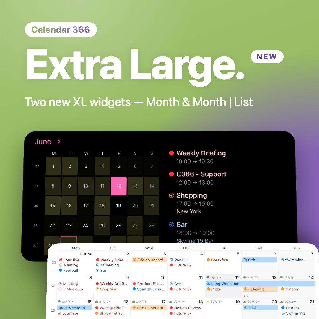 nspektorapps's tweet photo. Two new Extra Large widgets in Calendar 366 3.2. Month shows the full month, Month | List lets you tap into any day's schedule.
https://t.co/VwrTEHcIAo
#Calendar366 #CalendarApp #Widgets #iOS #macOS #Productivity https://t.co/Eg3QOPZLsB