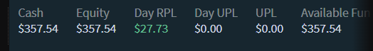 2RipLong4's tweet photo. BullsEye profited $27.73. Started with $208 now up to $357.54. Up 171.89% in 4 days. Traded $CUPR, $JRSH, $GLXG, and $CAST. Played it safe after had issue with platform on Friday. Safety first! https://t.co/hlbWlViYPp