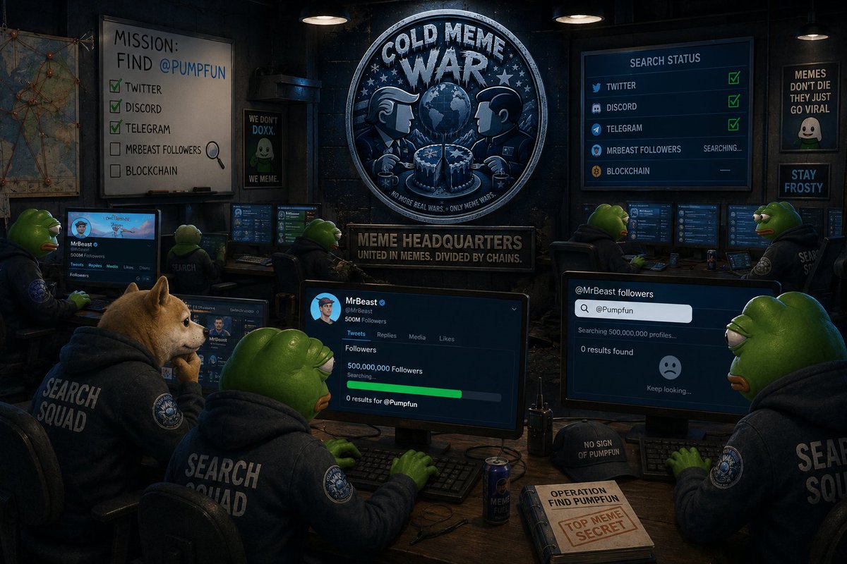 ColdMemeWar's tweet photo. Day 6 of looking for @Pumpfun

We checked all 500 million followers of @MrBeast.

Still no @Pumpfun.

The search continues.

One day we'll find our parent.

$CMW ❄️ https://t.co/RU3SjZRfAB
