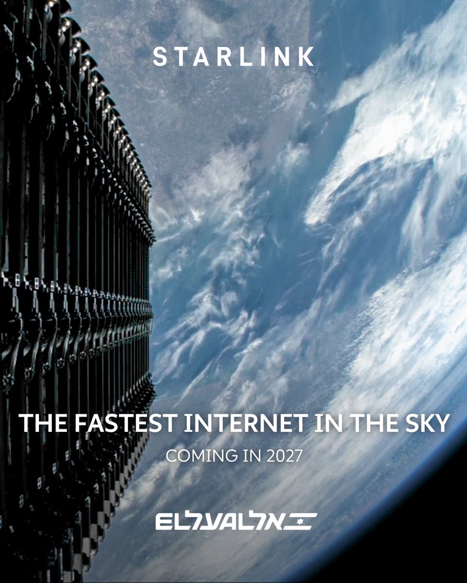 MOSSADil's tweet photo. 🇮🇱 EL AL SIGNS STARLINK DEAL FOR FREE IN-FLIGHT INTERNET

El Al has signed a deal with Elon Musk’s Starlink to bring high-speed internet to its aircraft starting in 2027. Passengers will receive free onboard Wi-Fi, enabling streaming, remote work, and other digital services. https://t.co/zjQaSg6PWX